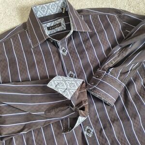 ZAGIRI Men's Long Sleeve Flip Cuff Shirt Size XL Brown With White Stripe